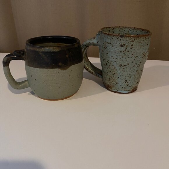 Set of 2 Rustic Stoneware‎ Mugs Green and Brown Speckled Handmade Look - Picture 6 of 8
